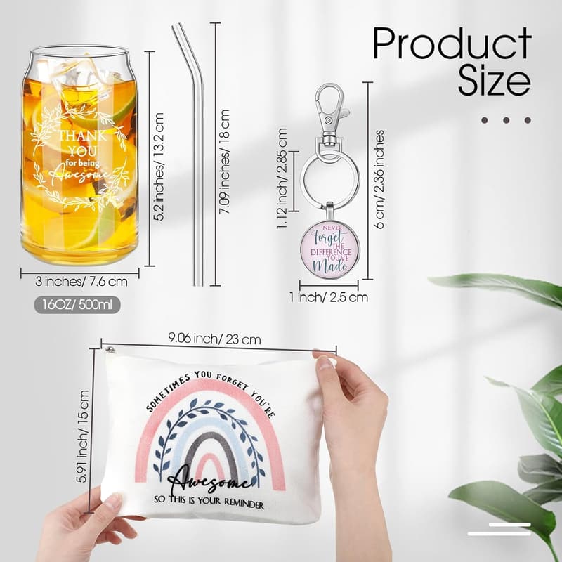 Thank You Gifts for Women - 16oz Coffee Glass, Pouch & Keychain