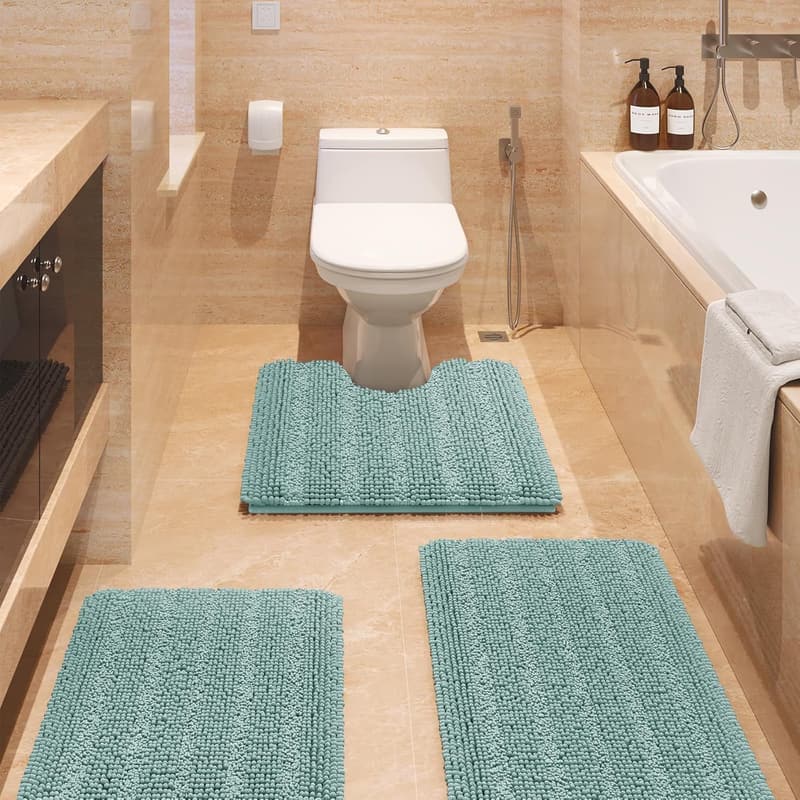 Ultra Soft Striped Eggshell Blue Bath Rug Set - 3 Pieces