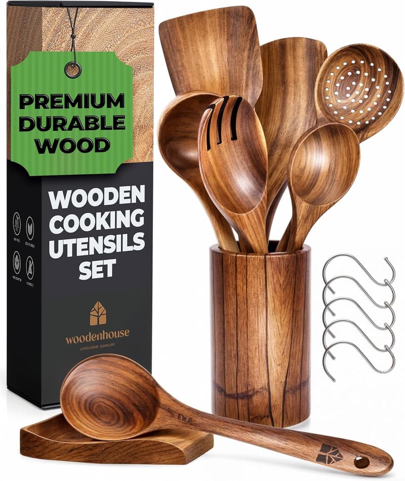 Teak Wood Cooking Utensil Set with Holder & Hooks – 8 Pieces