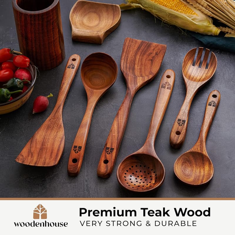 Teak Wood Cooking Utensil Set with Holder & Hooks – 8 Pieces