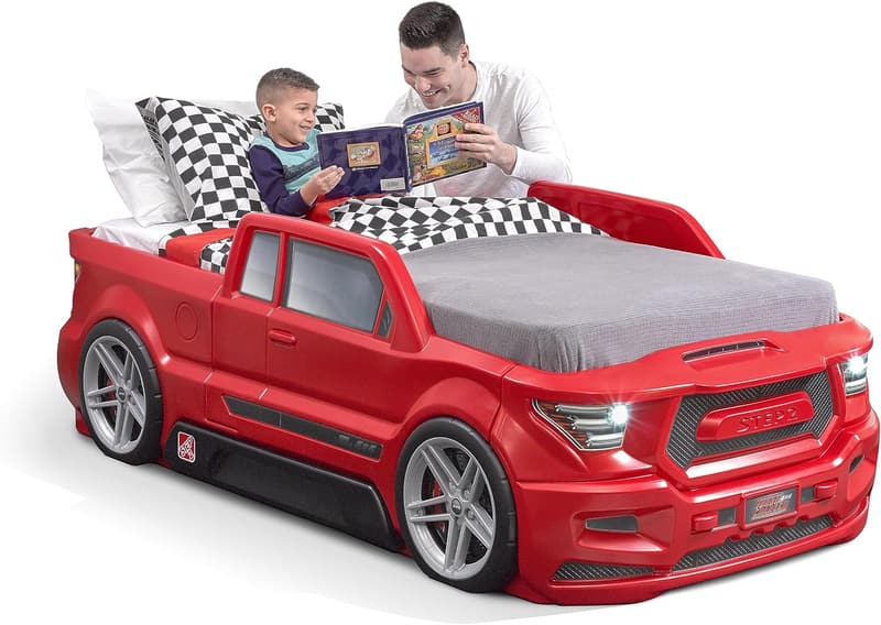 Turbocharged Twin Truck Bed with Headlights & Storage for Toddlers