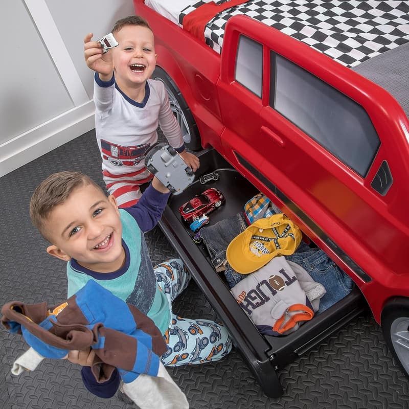 Turbocharged Twin Truck Bed with Headlights & Storage for Toddlers