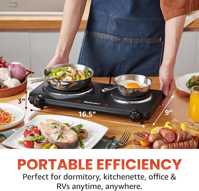 Elite Gourmet Countertop Double Cast Iron Hot Plate, 1500W