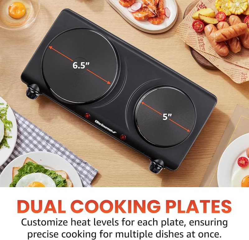 Elite Gourmet Countertop Double Cast Iron Hot Plate, 1500W