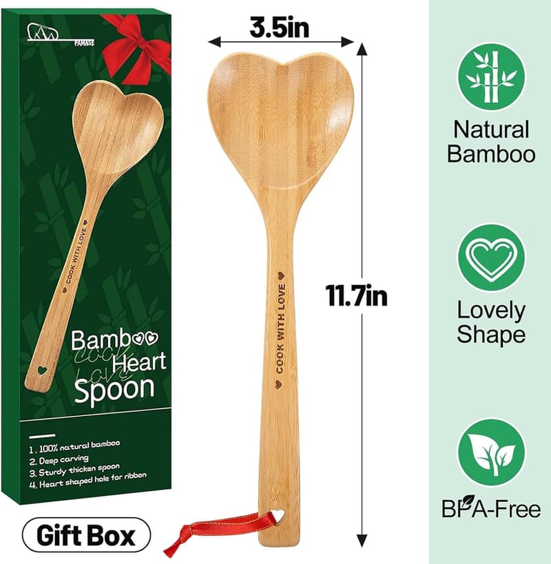 Valentine’s Day Bamboo Heart Spoon - Wooden Cooking Utensil