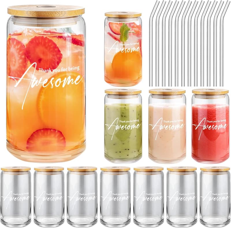 Employee Appreciation Glass Cups with Bamboo Lids - 12 Pack