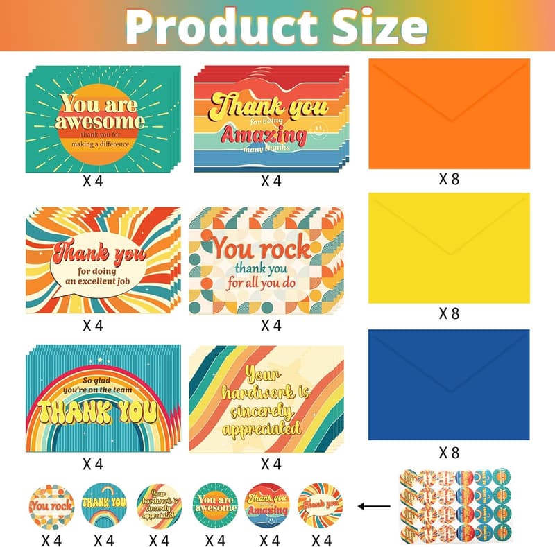Employee Appreciation Thank You Cards - 24 Pack with Envelopes & Stickers