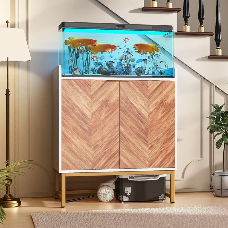 Boho Aquarium Stand with Doors & Adjustable Shelves, White/Gold