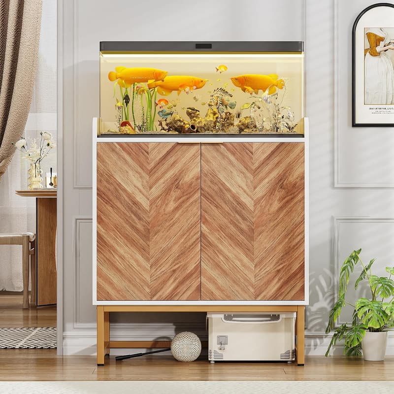 Boho Aquarium Stand with Doors & Adjustable Shelves, White/Gold