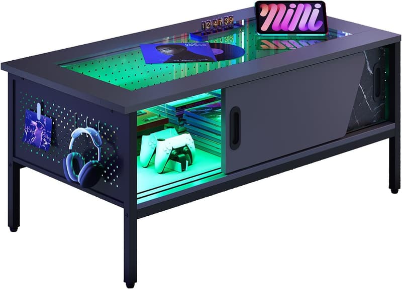 42-Inch LED Coffee Table with Storage and Sliding Doors - Black