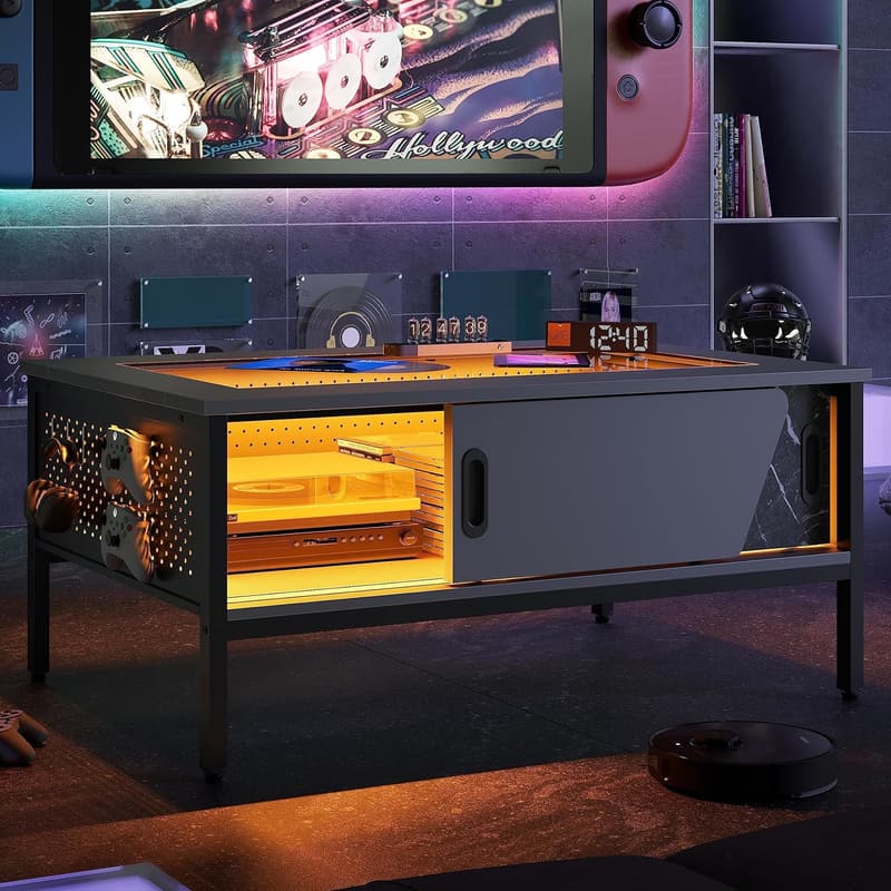 42-Inch LED Coffee Table with Storage and Sliding Doors - Black