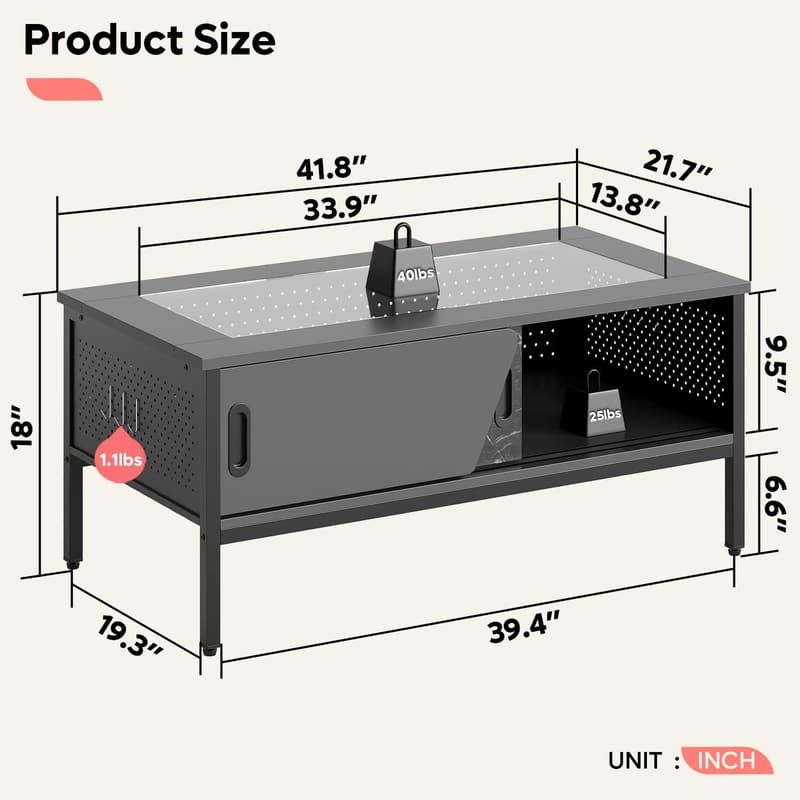 42-Inch LED Coffee Table with Storage and Sliding Doors - Black