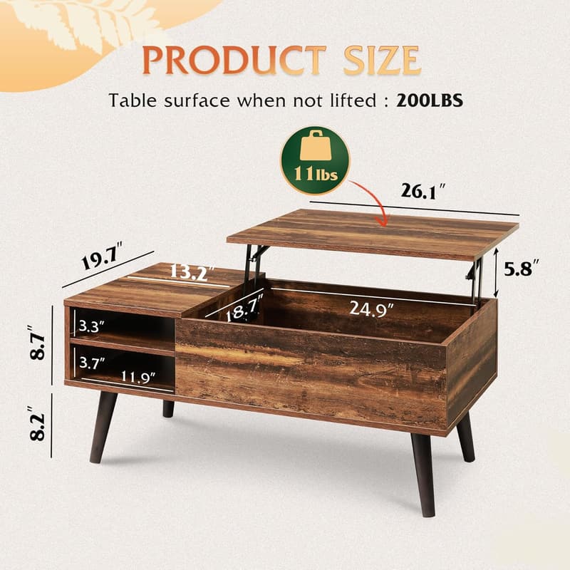 Rustic Oak Lift Top Coffee Table with Hidden Storage