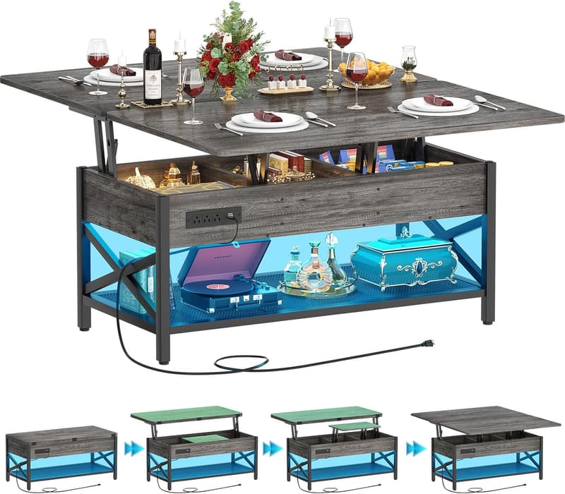 Multi-Function Coffee Table with Lift Top, LED Light & Power Outlet