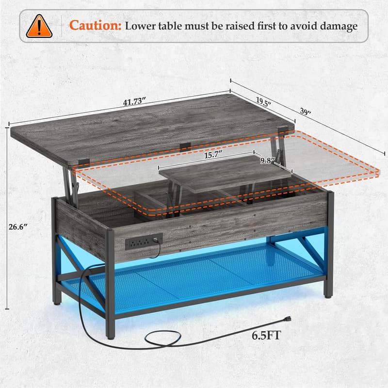 Multi-Function Coffee Table with Lift Top, LED Light & Power Outlet