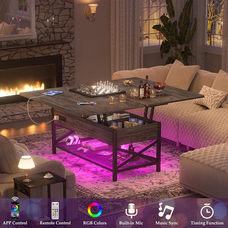 Multi-Function Coffee Table with Lift Top, LED Light & Power Outlet