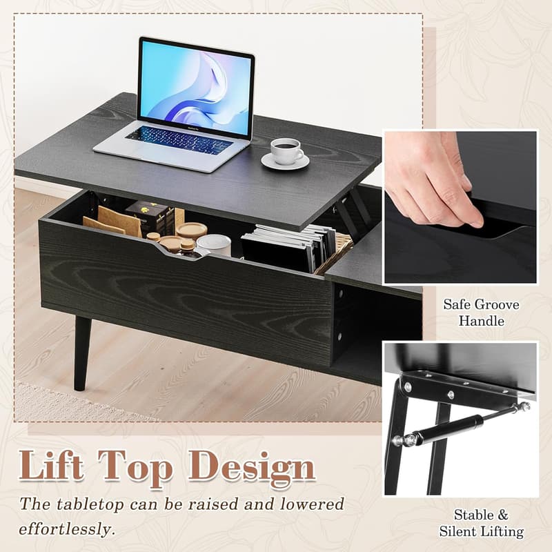 Lift Top Coffee Table with Hidden Storage - Black