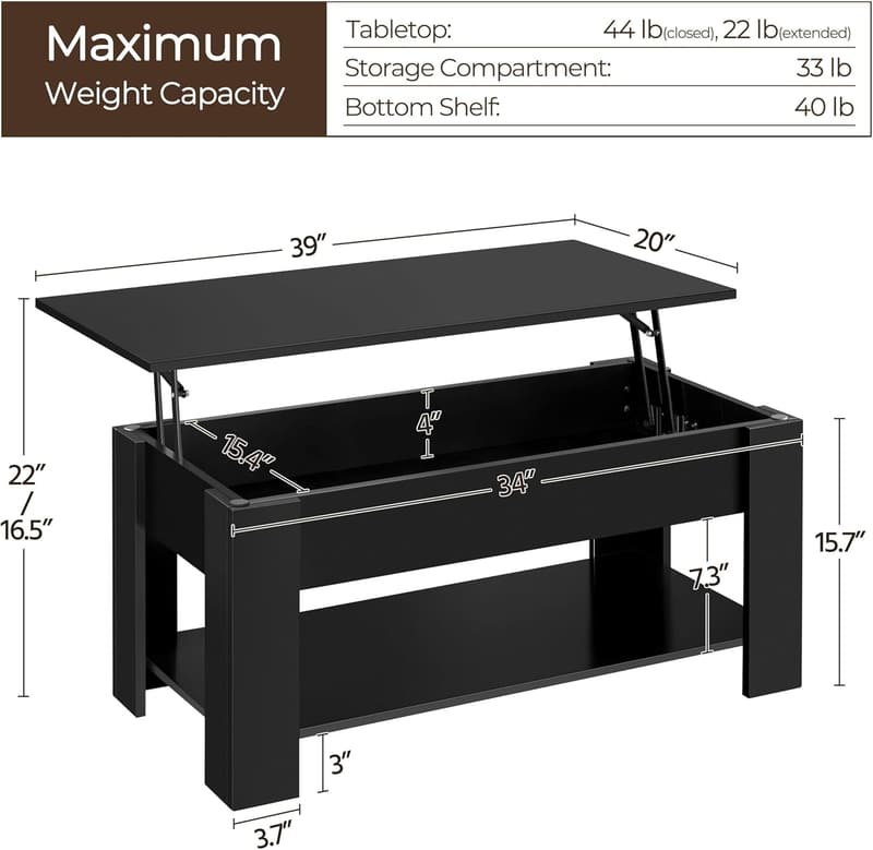 Lift Top Coffee Table with Hidden Storage - Black