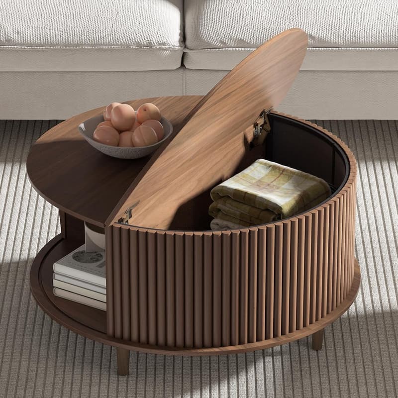 Mid-Century Modern Round Coffee Table with Storage - Walnut