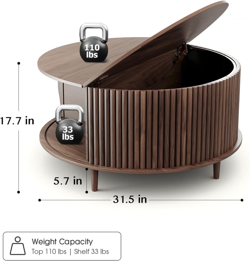 Mid-Century Modern Round Coffee Table with Storage - Walnut