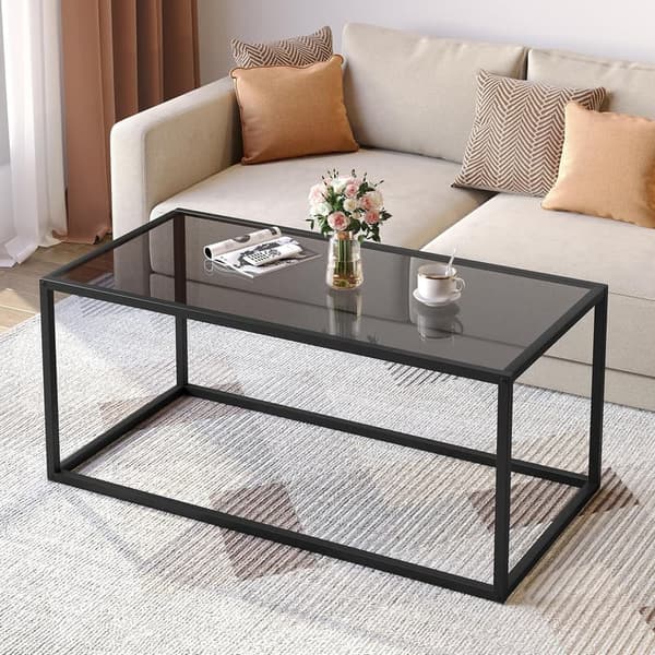 Modern Rectangular Glass Coffee Table for Living Room, Gray Black