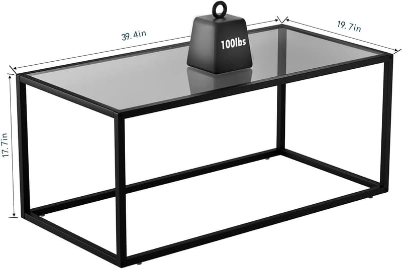 Modern Rectangular Glass Coffee Table for Living Room, Gray Black