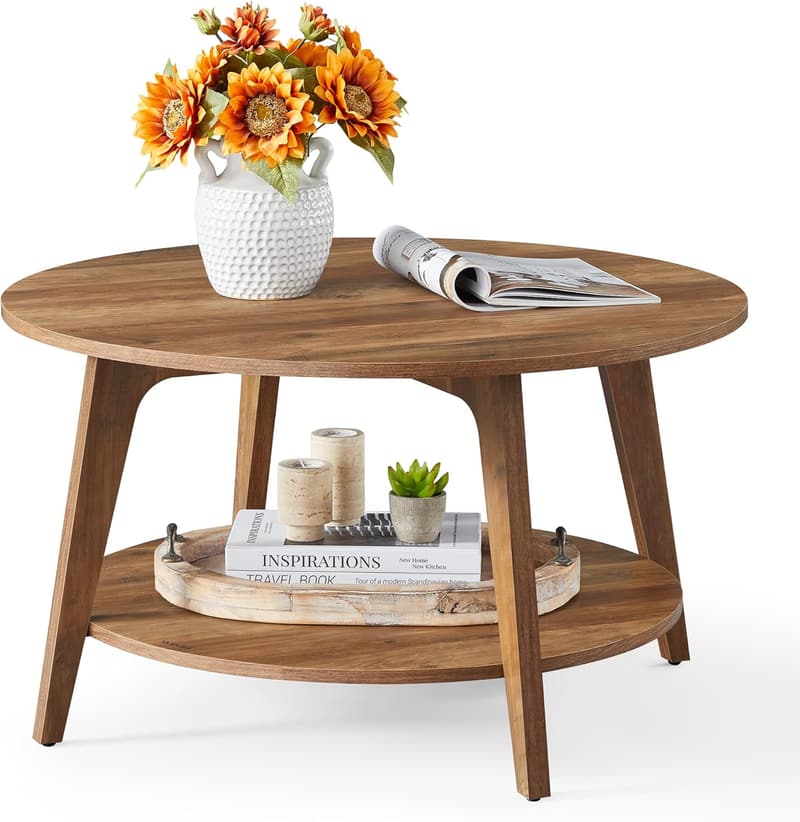 Honey Brown 2-Tier Round Coffee Table with Storage