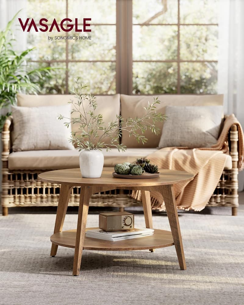 Honey Brown 2-Tier Round Coffee Table with Storage