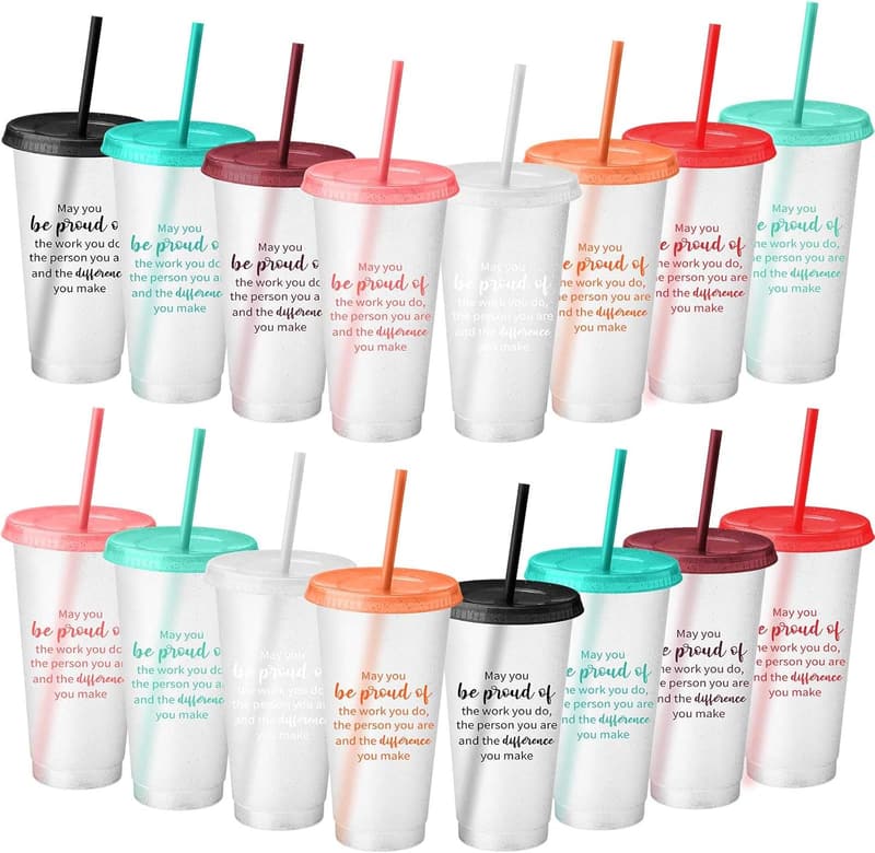 Employee Appreciation Tumblers - 16 Pcs Colorful Cups with Lids & Straws