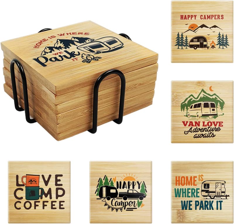 Happy Camper Bamboo Coasters Set for RV Lovers