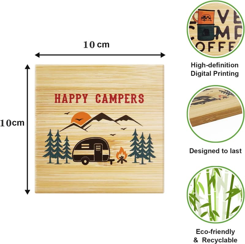 Happy Camper Bamboo Coasters Set for RV Lovers