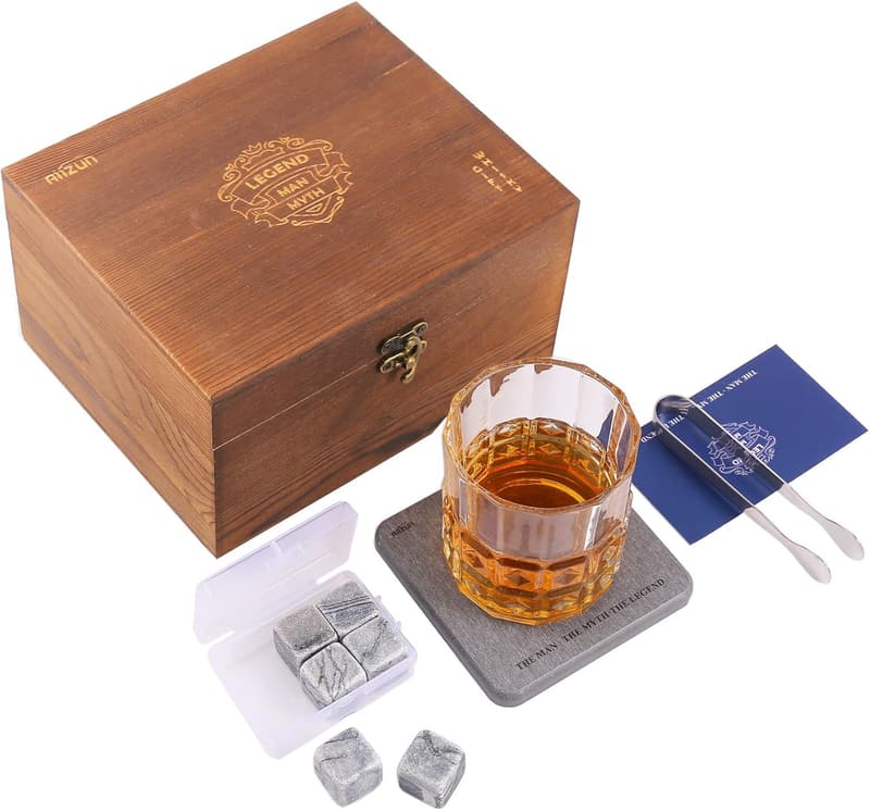 Whiskey Stones Gift Set with Glass & Coaster for Men