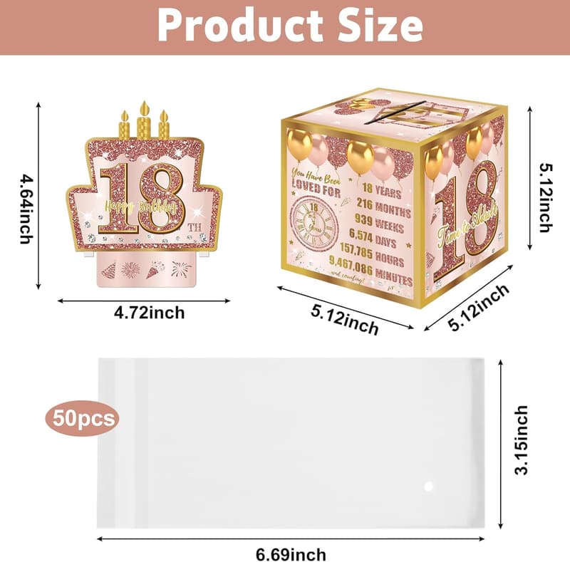 18th Birthday Money Gift Box - Pink Rose Gold with Pull-Out Card
