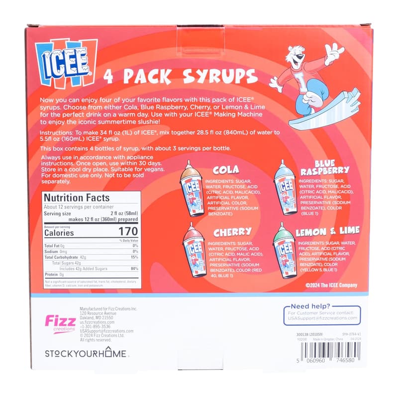 ICEE Slushie Syrups 4-Pack - Cola, Cherry, Blue Raspberry, Lemon & Lime