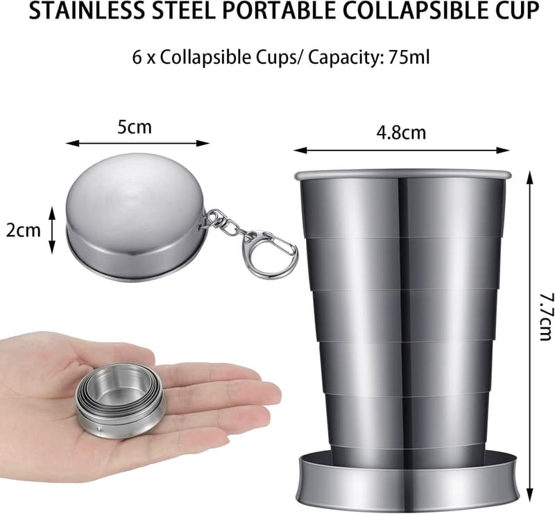Portable Stainless Steel Collapsible Shot Glasses - 6 Pack