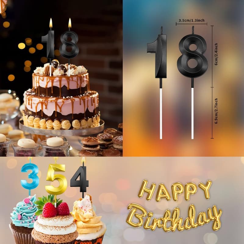 18th Birthday Black Candle Set - Cake Topper Decorations