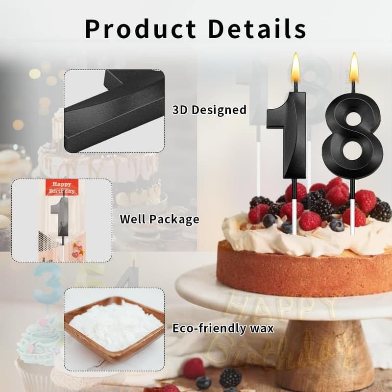18th Birthday Black Candle Set - Cake Topper Decorations