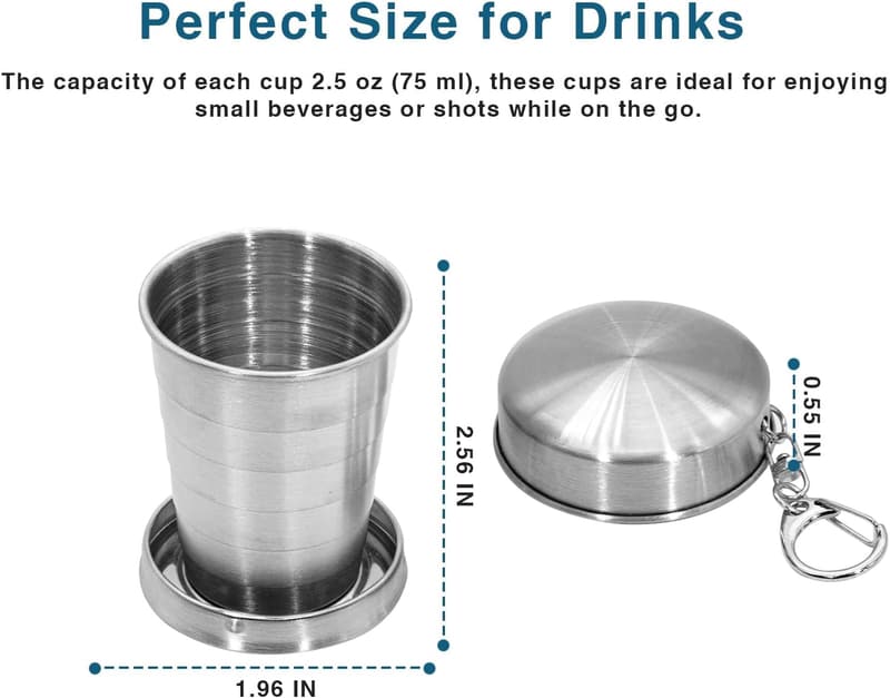 Collapsible Stainless Steel Shot Glasses - 2 Pack for Travel