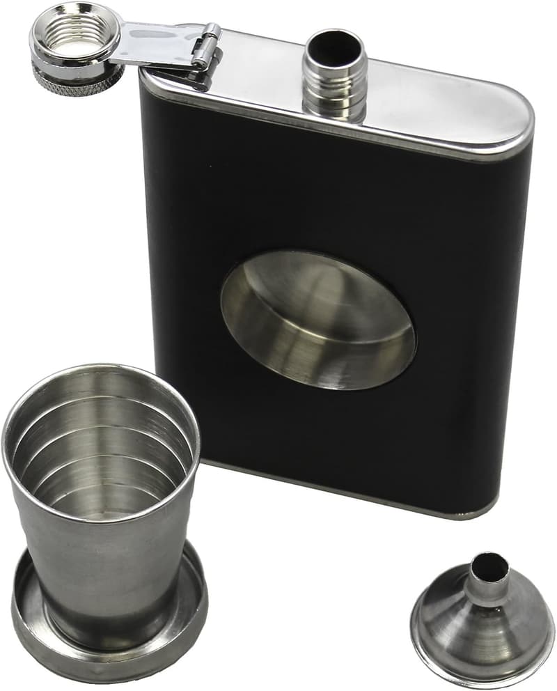 8 oz Leather & Stainless Steel Liquor Flask with Shot Glass & Funnel