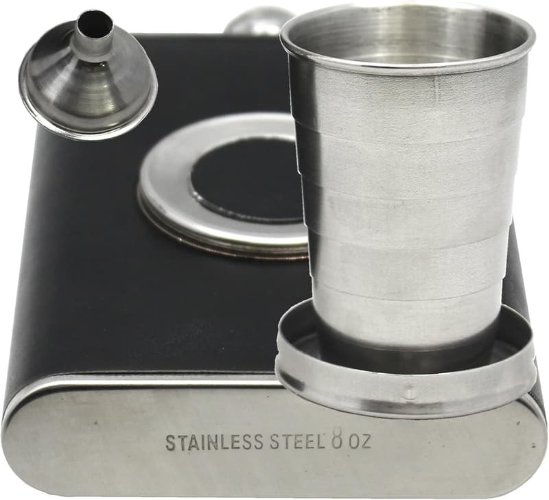 8 oz Leather & Stainless Steel Liquor Flask with Shot Glass & Funnel