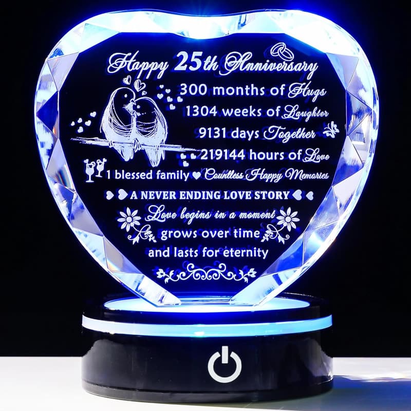 25th Anniversary Crystal Heart Gift for Couples with LED Base