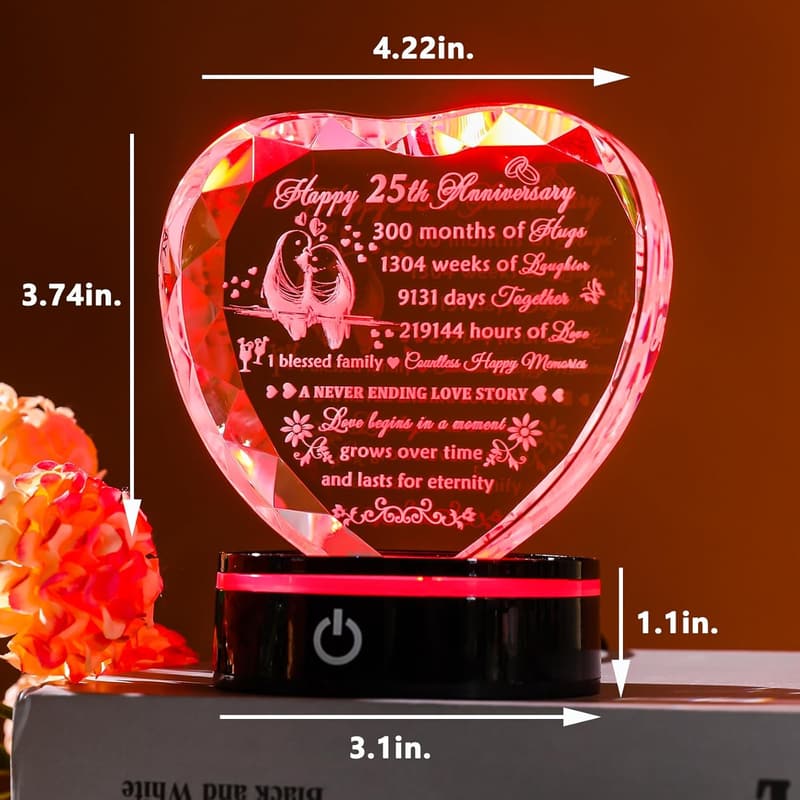 25th Anniversary Crystal Heart Gift for Couples with LED Base