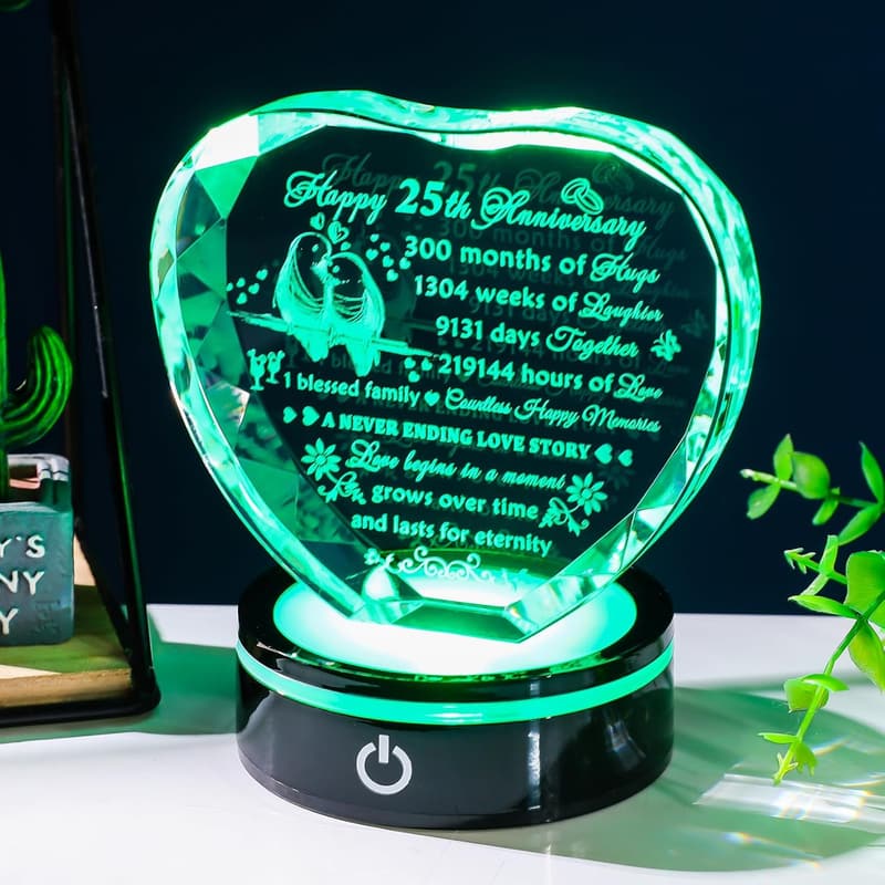 25th Anniversary Crystal Heart Gift for Couples with LED Base