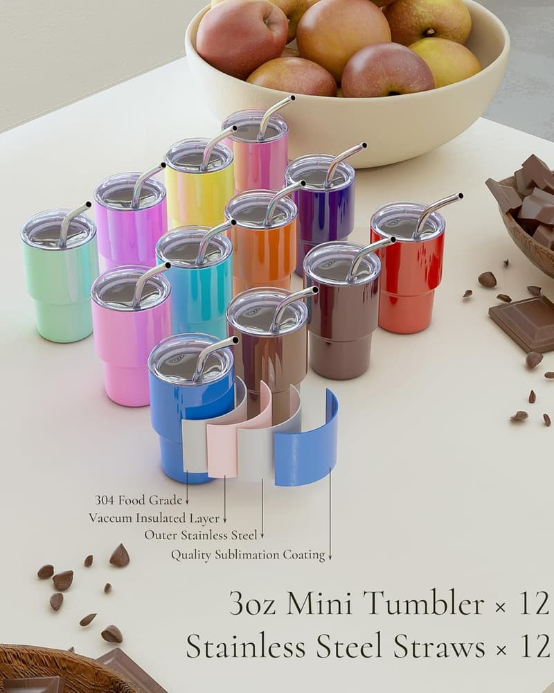 Wedding Party Stainless Steel Mini Tumbler Shot Glasses, 12 Pack