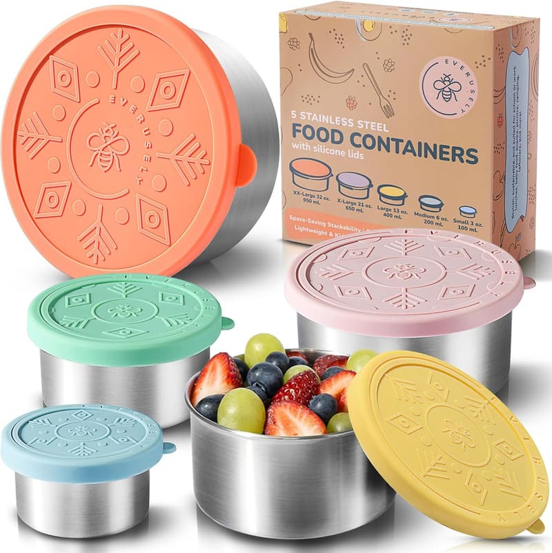 Bright Stainless Steel Food Containers Set of 5 - Leakproof & Reusable