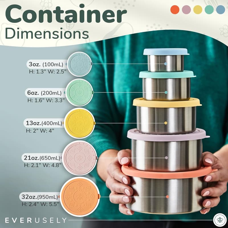 Bright Stainless Steel Food Containers Set of 5 - Leakproof & Reusable