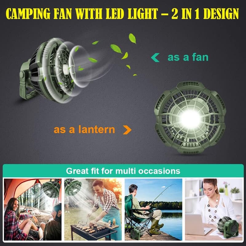 Portable Camping Tent Fan with LED Light & Remote Control