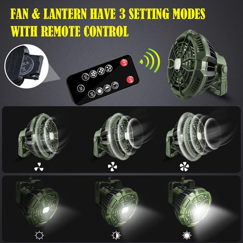 Portable Camping Tent Fan with LED Light & Remote Control