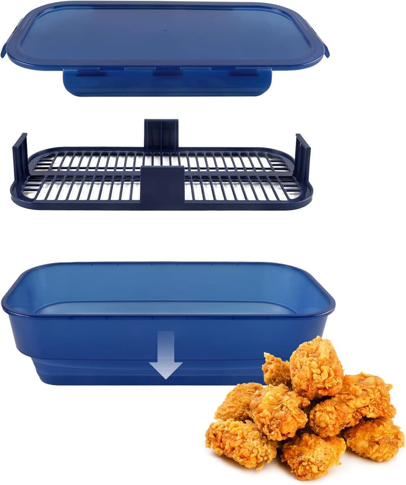 Mess-Free Batter Bowl for Frying - Collapsible Shaker Container, Navy