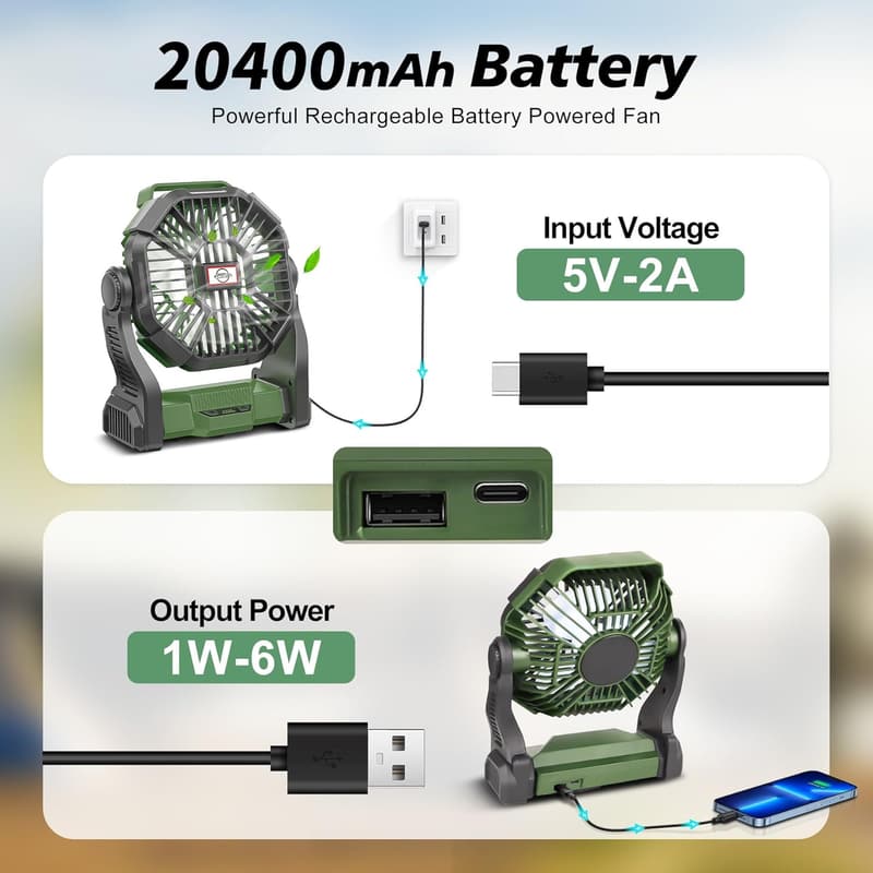 Rechargeable Portable Fan with LED Lantern for Travel & Casa